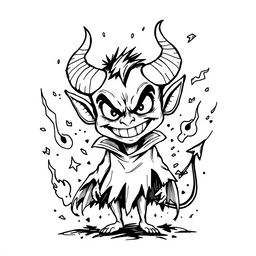 A striking and scary devil doodle design in black and white, featuring exaggerated and playful elements that create an intriguing image