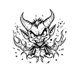 A striking and scary devil doodle design in black and white, featuring exaggerated and playful elements that create an intriguing image