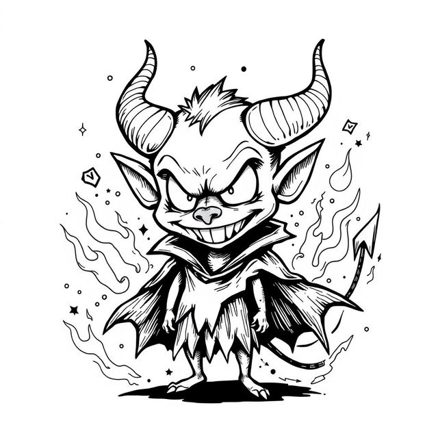 A striking and scary devil doodle design in black and white, featuring exaggerated and playful elements that create an intriguing image