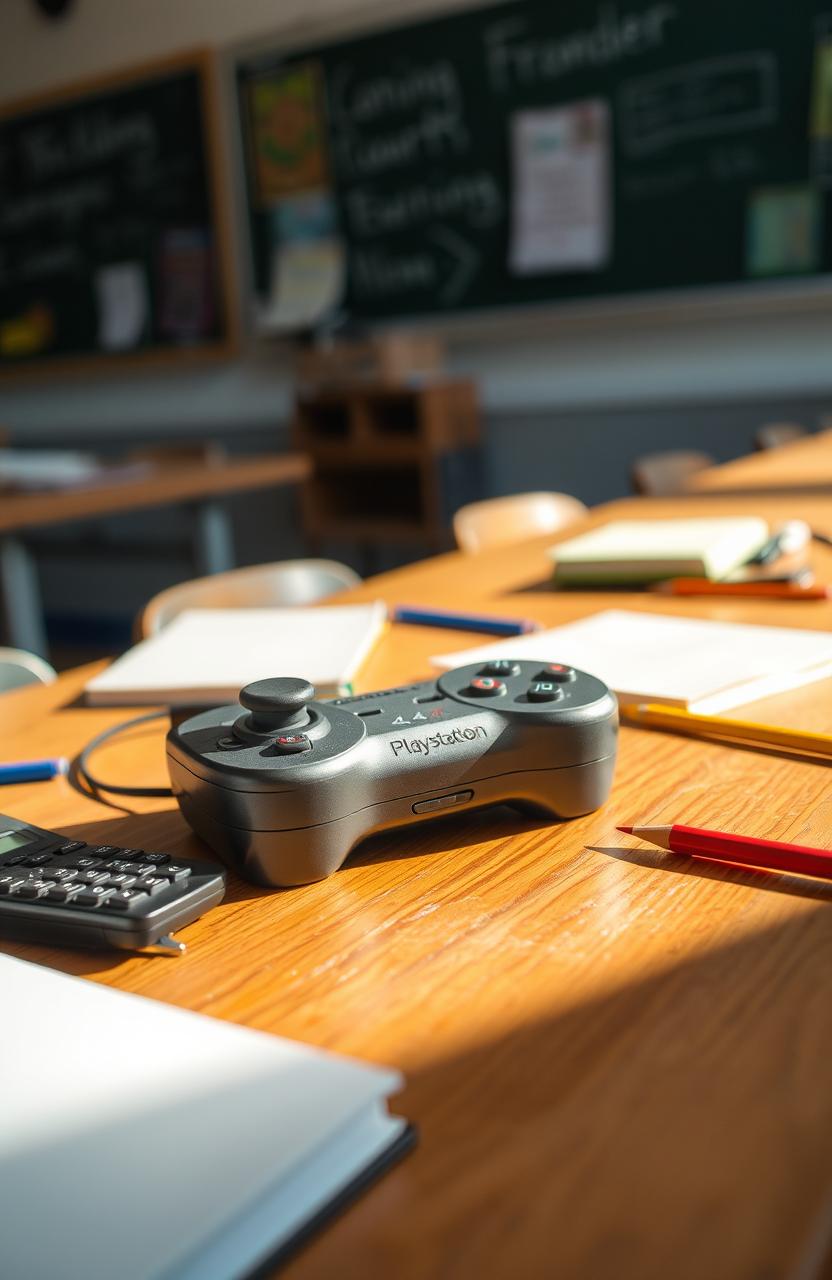 A close-up view of a PlayStation joystick placed on a wooden school desk, surrounded by scattered school supplies like notebooks, pencils, and a calculator