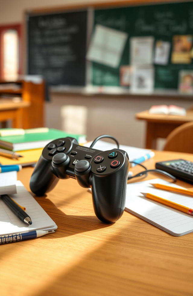 A close-up view of a PlayStation joystick placed on a wooden school desk, surrounded by scattered school supplies like notebooks, pencils, and a calculator