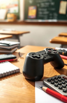 A close-up view of a PlayStation joystick placed on a wooden school desk, surrounded by scattered school supplies like notebooks, pencils, and a calculator