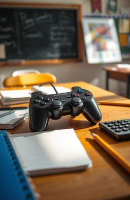 A close-up view of a PlayStation joystick placed on a wooden school desk, surrounded by scattered school supplies like notebooks, pencils, and a calculator