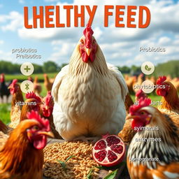 A realistic image featuring chicken feed prominently in the center, with chickens surrounding it