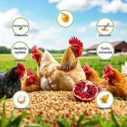 A realistic image featuring chicken feed prominently in the center, with chickens surrounding it