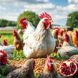 A realistic image featuring chicken feed prominently in the center, with chickens surrounding it