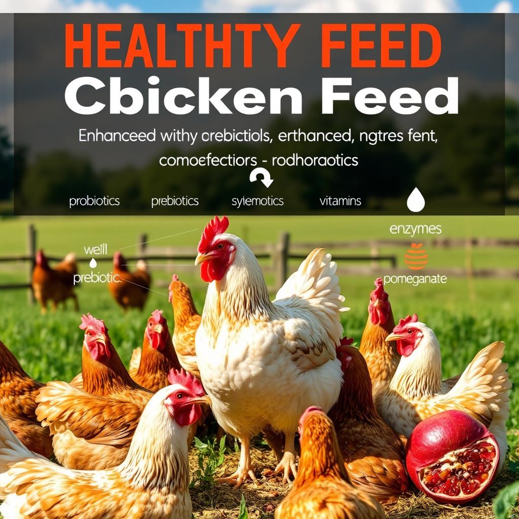 A realistic image featuring chicken feed prominently in the center, with chickens surrounding it