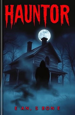 A spooky horror book cover featuring an eerie scene with a dark, mysterious shadow peeking around the corner of an old, dilapidated house
