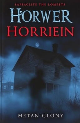 A spooky horror book cover featuring an eerie scene with a dark, mysterious shadow peeking around the corner of an old, dilapidated house