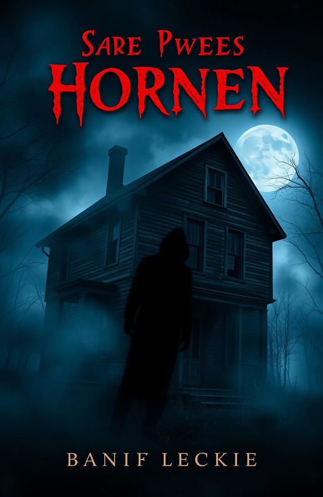 A spooky horror book cover featuring an eerie scene with a dark, mysterious shadow peeking around the corner of an old, dilapidated house