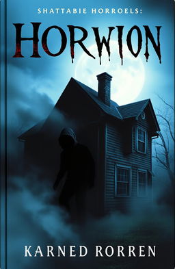A spooky horror book cover featuring an eerie scene with a dark, mysterious shadow peeking around the corner of an old, dilapidated house