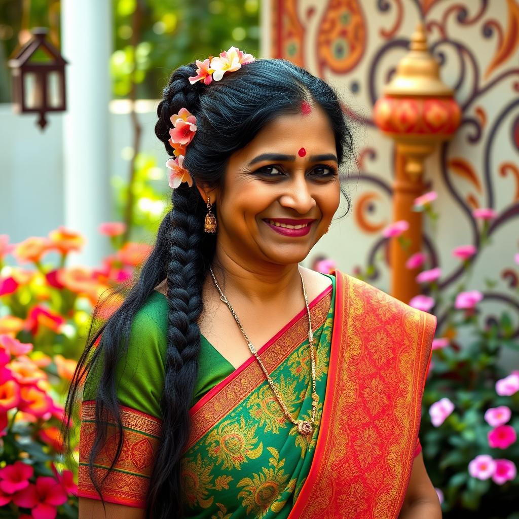 A portrait of a vibrant Indian aunty with traditional attire, featuring a colorful saree adorned with intricate patterns