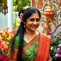 A portrait of a vibrant Indian aunty with traditional attire, featuring a colorful saree adorned with intricate patterns