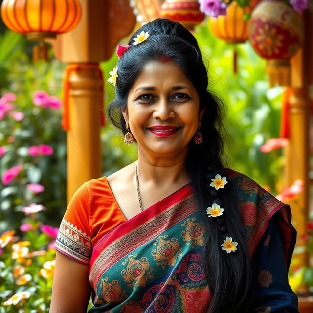 A portrait of a vibrant Indian aunty with traditional attire, featuring a colorful saree adorned with intricate patterns