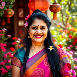 A portrait of a vibrant Indian aunty with traditional attire, featuring a colorful saree adorned with intricate patterns