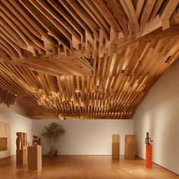 Design a studio inside an art museum filled with inspiring display objects and artifacts. The room is highlighted by a traditional wooden ceiling design, merging history and creativity in a perfect blend.