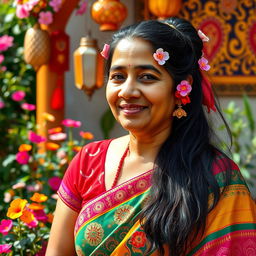 A portrait of a vibrant Indian aunty with traditional attire, featuring a colorful saree adorned with intricate patterns