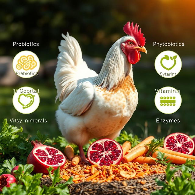 A realistic image of a chicken prominently positioned in the center, surrounded by a bountiful display of poultry feed enriched with probiotics, prebiotics, phytobiotics, symbiotics, vitamins, minerals, and enzymes