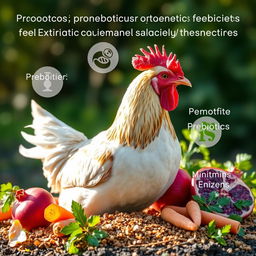 A realistic image of a chicken prominently positioned in the center, surrounded by a bountiful display of poultry feed enriched with probiotics, prebiotics, phytobiotics, symbiotics, vitamins, minerals, and enzymes