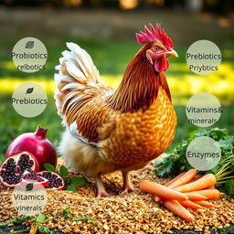 A realistic image of a chicken prominently positioned in the center, surrounded by a bountiful display of poultry feed enriched with probiotics, prebiotics, phytobiotics, symbiotics, vitamins, minerals, and enzymes