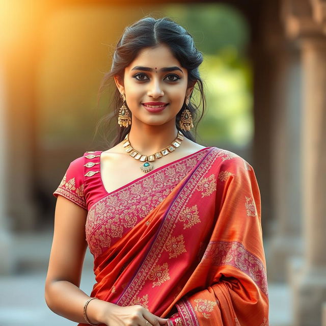 A young Indian woman wearing a traditional saree that elegantly showcases her figure