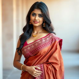 A young Indian woman wearing a traditional saree that elegantly showcases her figure