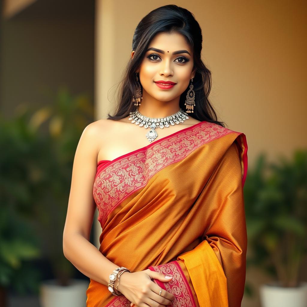 A young Indian woman wearing a traditional saree that elegantly showcases her figure