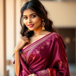 A young Indian woman wearing a traditional saree that elegantly showcases her figure