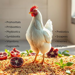 A realistic image of a healthy chicken standing prominently on a bed of enriched poultry feed