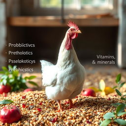 A realistic image of a healthy chicken standing prominently on a bed of enriched poultry feed