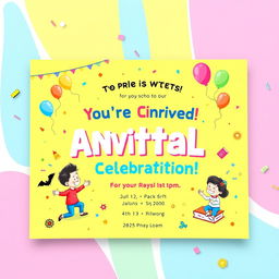 A vibrant and cheerful play school annual day invitation card, featuring a colorful design with playful illustrations of children playing, balloons, and confetti