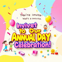 A vibrant and cheerful play school annual day invitation card, featuring a colorful design with playful illustrations of children playing, balloons, and confetti