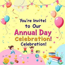 A vibrant and cheerful play school annual day invitation card, featuring a colorful design with playful illustrations of children playing, balloons, and confetti