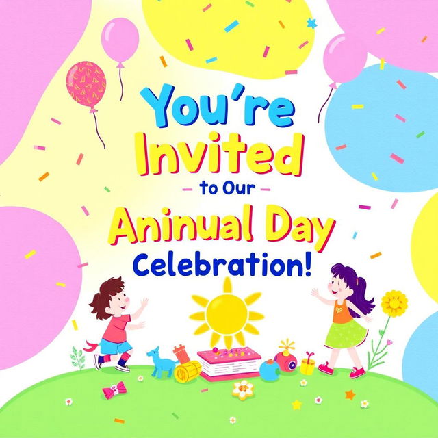 A vibrant and cheerful play school annual day invitation card, featuring a colorful design with playful illustrations of children playing, balloons, and confetti