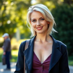 A 35-year-old woman with light blonde hair and European features, dressed in stylish clothing without any exposed skin