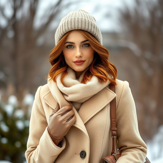 A stylish woman in a winter setting, featuring chestnut-colored medium-length hair styled in soft waves, complementing her expressive brown or green eyes, subtly enhanced with light makeup