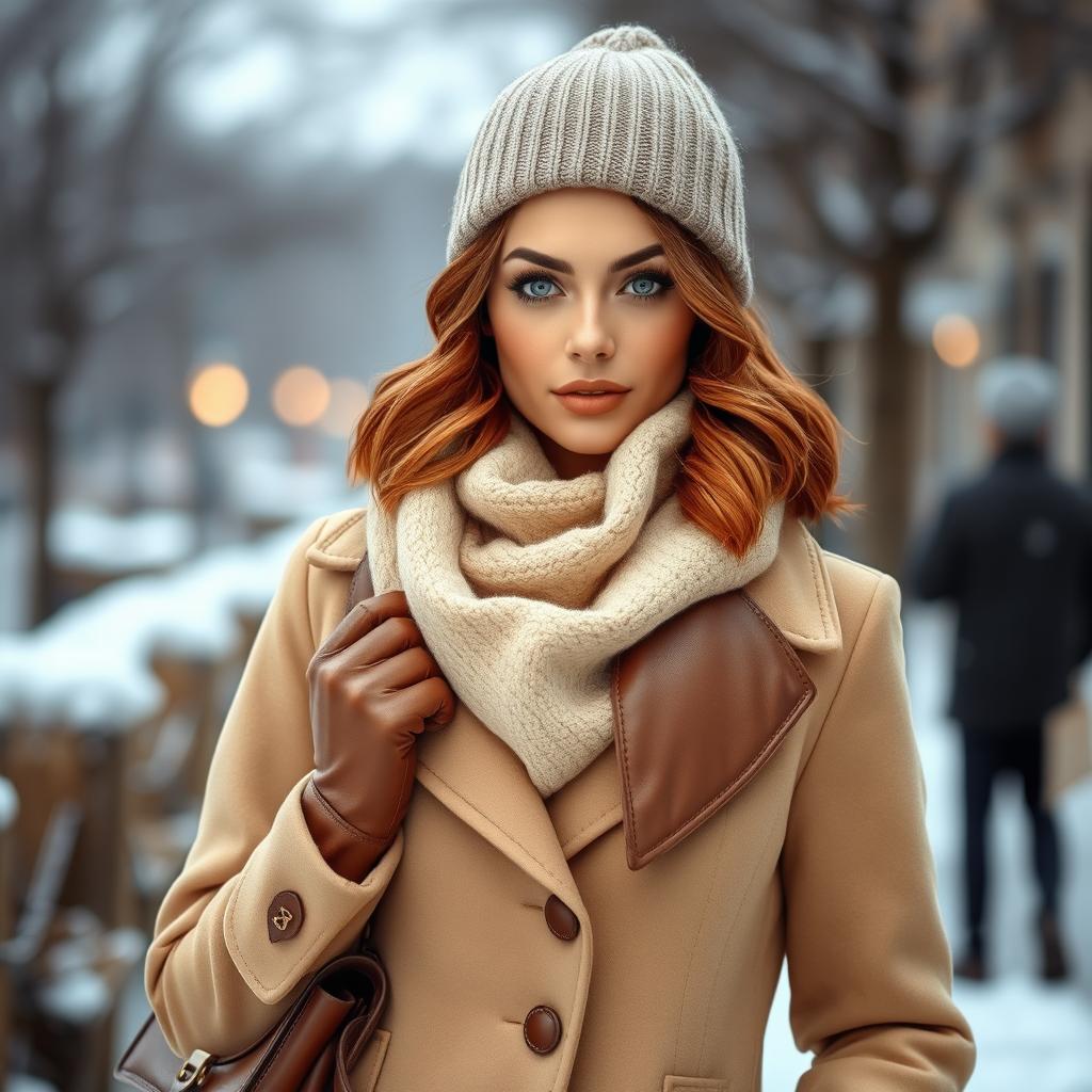 A stylish woman in a winter setting, featuring chestnut-colored medium-length hair styled in soft waves, complementing her expressive brown or green eyes, subtly enhanced with light makeup