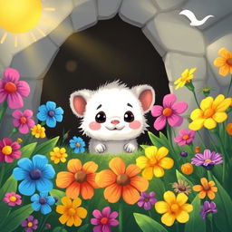 An illustration of a small, adorable creature named Benny peeking out curiously from inside a cozy cave