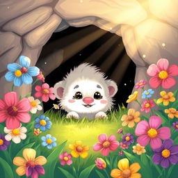 An illustration of a small, adorable creature named Benny peeking out curiously from inside a cozy cave