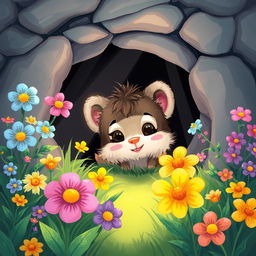 An illustration of a small, adorable creature named Benny peeking out curiously from inside a cozy cave