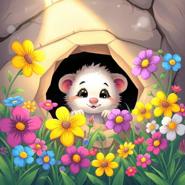 An illustration of a small, adorable creature named Benny peeking out curiously from inside a cozy cave