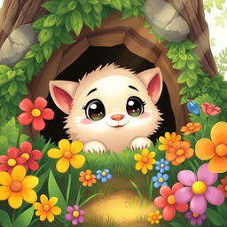 An illustration of a small, cute creature named Benny peeking out from the entrance of his cozy cave