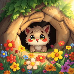 An illustration of a small, cute creature named Benny peeking out from the entrance of his cozy cave