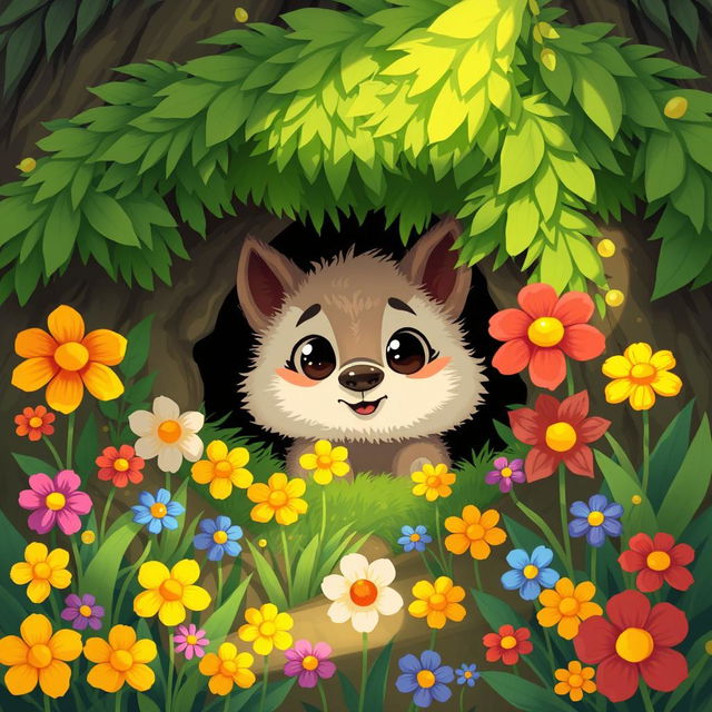 An illustration of a small, cute creature named Benny peeking out from the entrance of his cozy cave