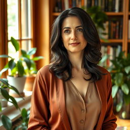 A 40-year-old woman with dark hair, showcasing a European appearance, dressed in elegant clothing without any exposure of skin