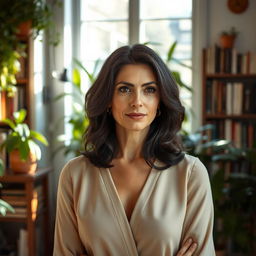 A 40-year-old woman with dark hair, showcasing a European appearance, dressed in elegant clothing without any exposure of skin