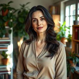 A 40-year-old woman with dark hair, showcasing a European appearance, dressed in elegant clothing without any exposure of skin