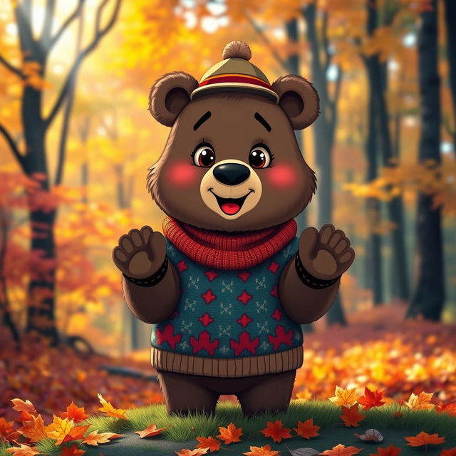 A cute cartoon bear standing upright, dressed in a cozy, colorful sweater and a stylish hat, surrounded by a picturesque forest background filled with vibrant autumn leaves