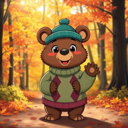 A cute cartoon bear standing upright, dressed in a cozy, colorful sweater and a stylish hat, surrounded by a picturesque forest background filled with vibrant autumn leaves