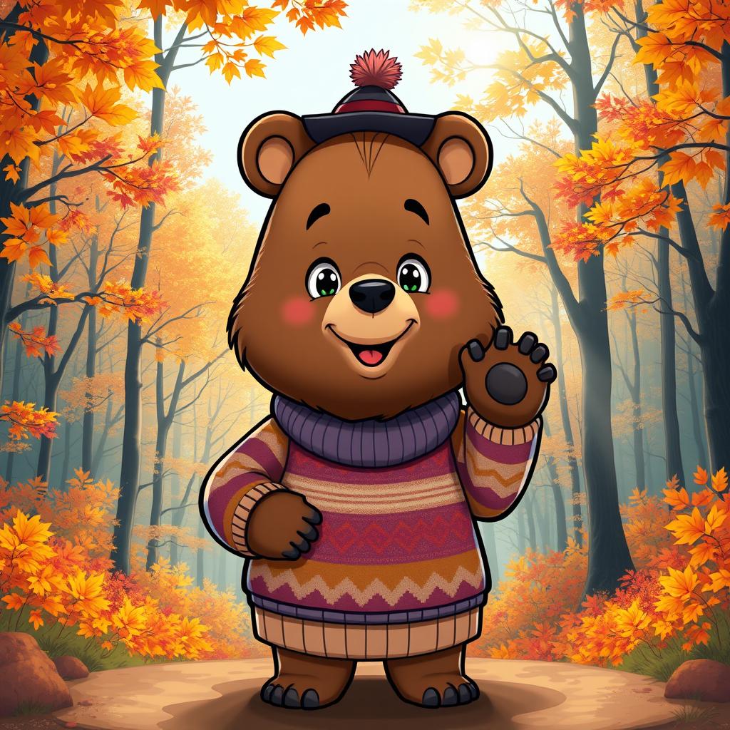 A cute cartoon bear standing upright, dressed in a cozy, colorful sweater and a stylish hat, surrounded by a picturesque forest background filled with vibrant autumn leaves